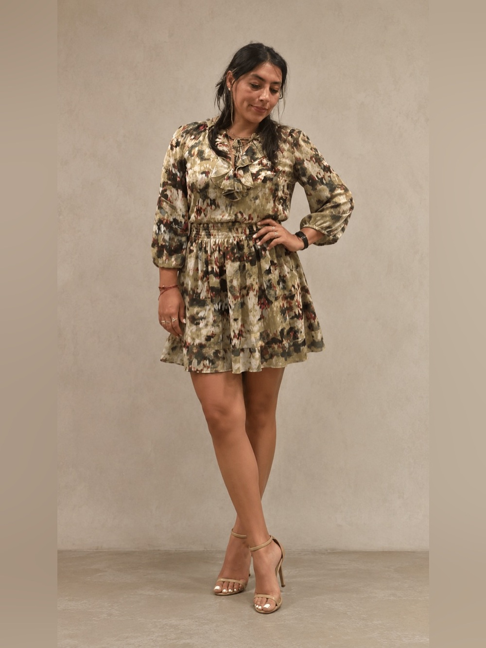 Socialite Olive Floral Ruffle-Trim Mini Dress